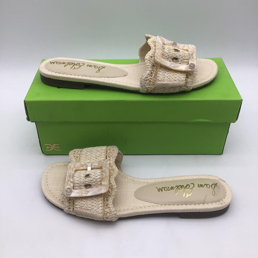 Sam Edelman Bambi Linen Raffia Slide Sandals Tan Buckle Womens Size 10.5 M NEW